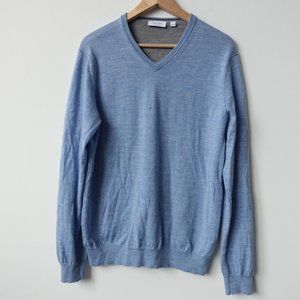 Calvin Klein Sweater Mens Large Blue Wool V Neck Pullover Casual Italian Merino